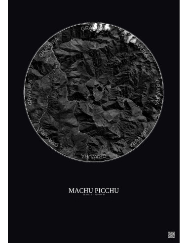 Machu Picchu Satellite View Poster 10km B&W | Gravura – Dark background