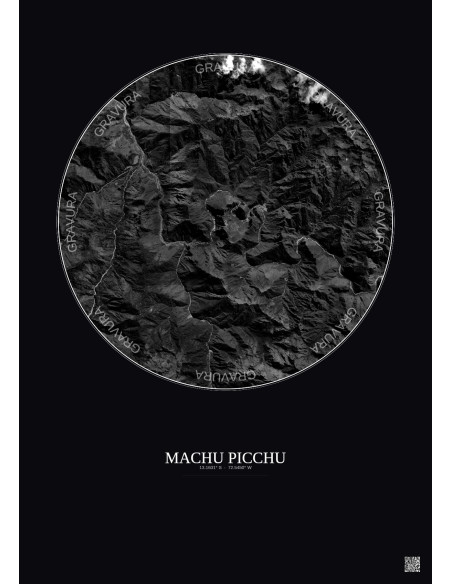 Machu Picchu Satellite View Poster 10km B&W | Gravura – Dark background