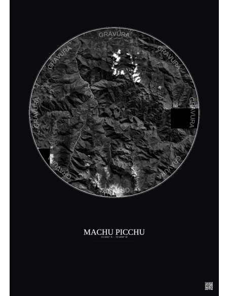 Machu Picchu Satellite View Poster 20km B&W | Gravura – Dark background