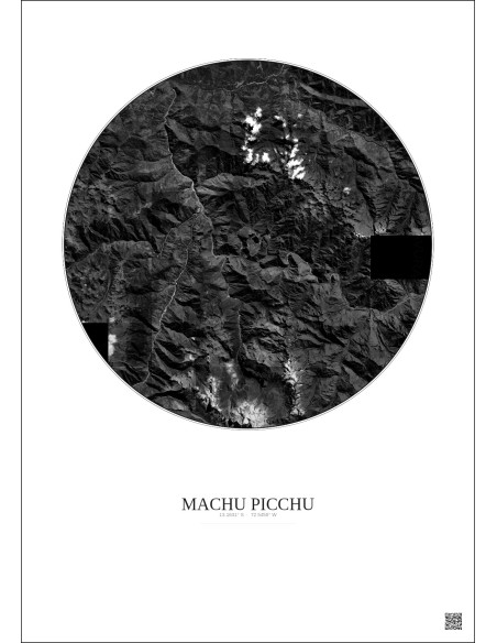 Affiche Machu Picchu – Poster vue satellite 20km N&B | Gravura – Fond clair