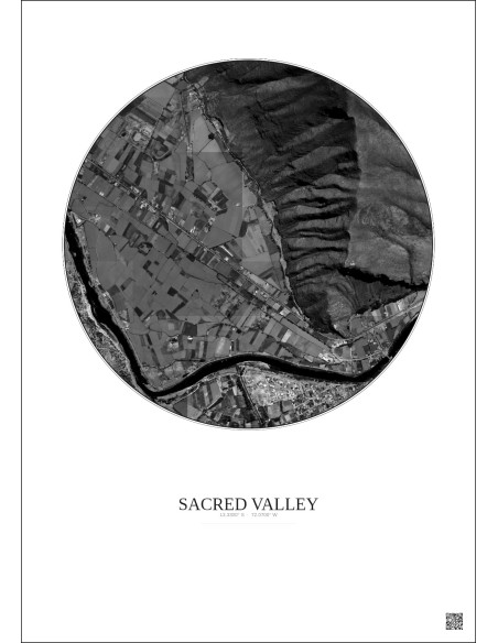 Affiche Sacred Valley – Poster vue satellite 1km N&B | Gravura – Fond clair