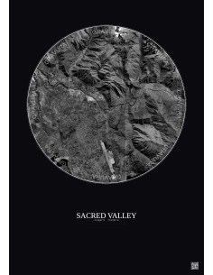 Affiche Sacred Valley – Poster vue satellite 10km N&B | Gravura – Fond foncé