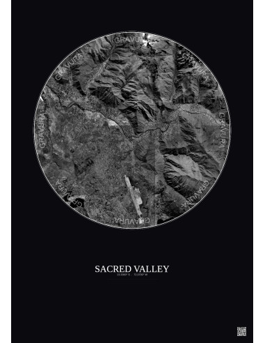 Sacred Valley Satellite View Poster 10km B&W | Gravura – Dark background