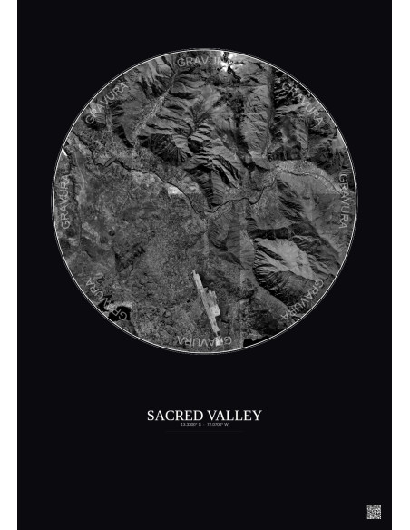 Sacred Valley Satellite View Poster 10km B&W | Gravura – Dark background