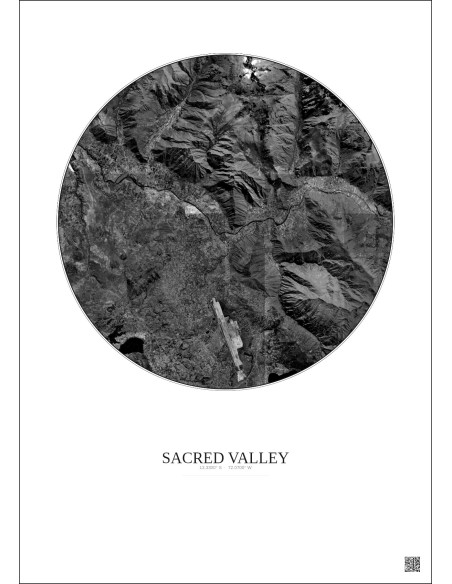 Affiche Sacred Valley – Poster vue satellite 10km N&B | Gravura – Fond clair