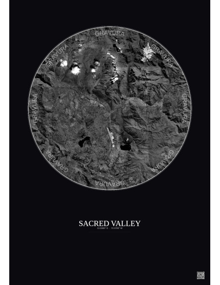 Affiche Sacred Valley – Poster vue satellite 20km N&B | Gravura – Fond foncé