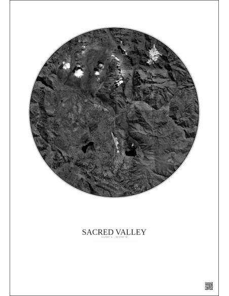 Affiche Sacred Valley – Poster vue satellite 20km N&B | Gravura – Fond clair