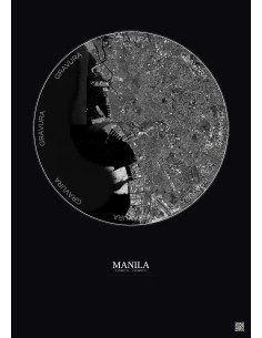Affiche Manila – Poster vue satellite 10km N&B | Gravura – Fond foncé