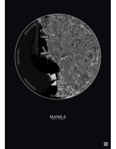 Affiche Manila – Poster vue satellite 10km N&B | Gravura – Fond foncé