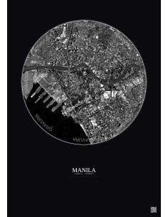 Affiche Manila – Poster vue satellite 2.5km N&B | Gravura – Fond foncé
