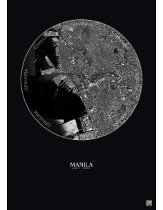 Affiche Manila – Poster vue satellite 6km N&B | Gravura – Fond foncé