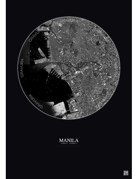 Manila Satellite View Poster 6km B&W | Gravura – Dark background