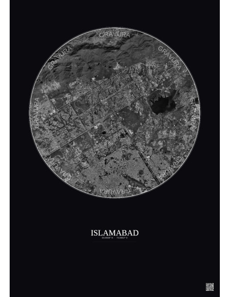 Affiche Islamabad – Poster vue satellite 10km N&B | Gravura – Fond foncé