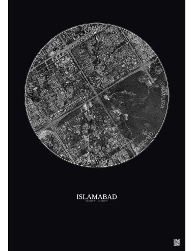 Affiche Islamabad – Poster vue satellite 2.5km N&B | Gravura – Fond foncé