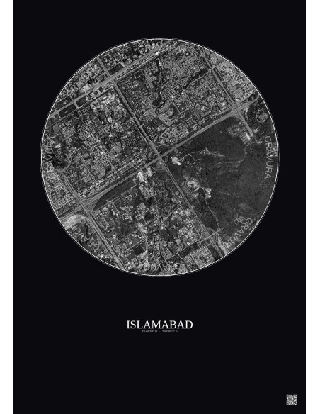 Affiche Islamabad – Poster vue satellite 2.5km N&B | Gravura – Fond foncé