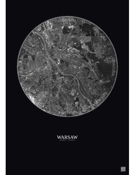 Warsaw Satellite View Poster 10km B&W | Gravura – Dark background