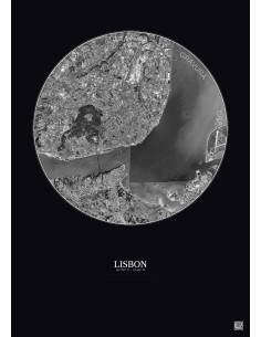 Affiche Lisbon – Poster vue satellite 10km N&B | Gravura – Fond foncé
