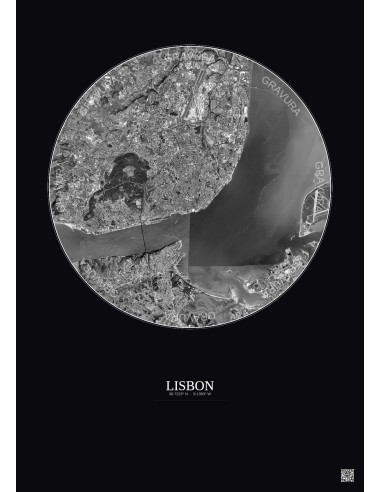 Lisbon Satellite View Poster 10km B&W | Gravura – Dark background