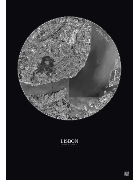 Lisbon Satellite View Poster 10km B&W | Gravura – Dark background