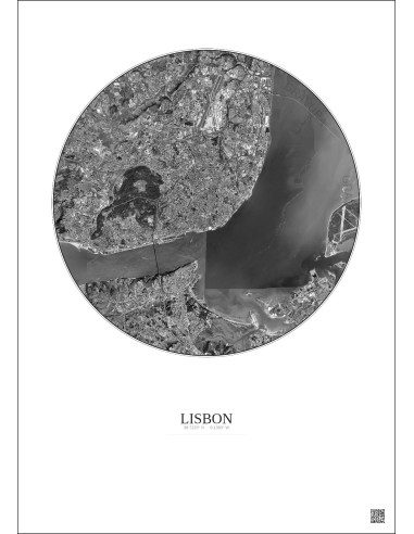 Lisbon Satellite View Poster 10km B&W | Gravura – Light background