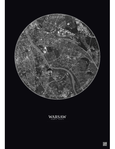 Warsaw Satellite View Poster 6km B&W | Gravura – Dark background