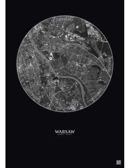 Warsaw Satellite View Poster 6km B&W | Gravura – Dark background