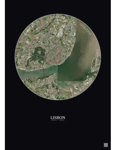 Affiche Lisbon – Poster vue satellite 10km Couleur | Gravura – Fond foncé