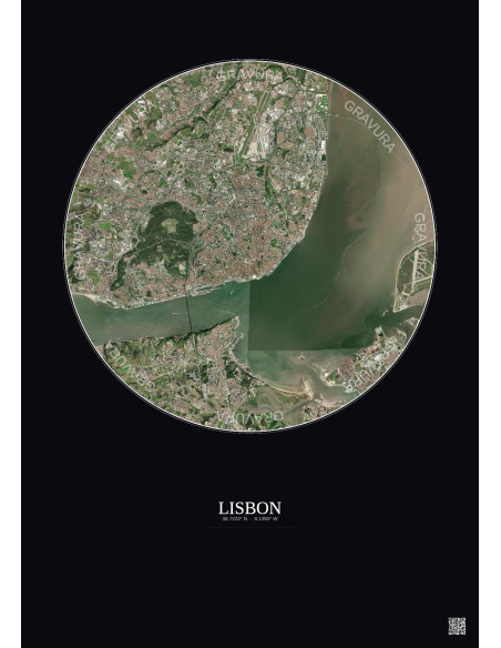 Affiche Lisbon – Poster vue satellite 10km Couleur | Gravura – Fond foncé
