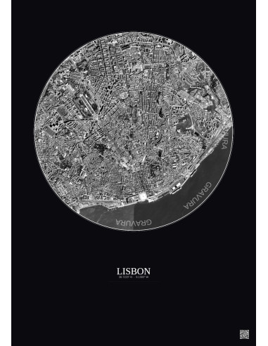 Affiche Lisbon – Poster vue satellite 2.5km N&B | Gravura – Fond foncé