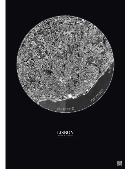 Affiche Lisbon – Poster vue satellite 2.5km N&B | Gravura – Fond foncé
