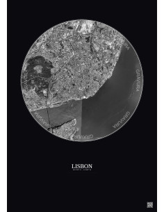 Affiche Lisbon – Poster vue satellite 6km N&B | Gravura – Fond foncé