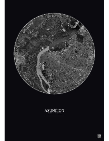 Affiche Asuncion – Poster vue satellite 10km N&B | Gravura – Fond foncé