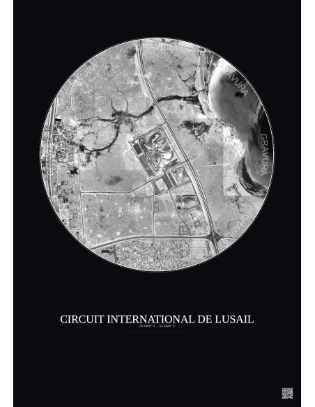 Circuit International De Lusail Satellite View Poster 5km B&W | Gravura – Dark background