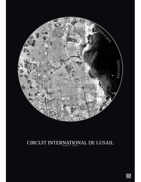 Circuit International De Lusail Satellite View Poster 10km B&W | Gravura – Dark background