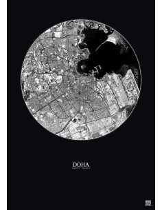 Affiche Doha – Poster vue satellite 10km N&B | Gravura – Fond foncé