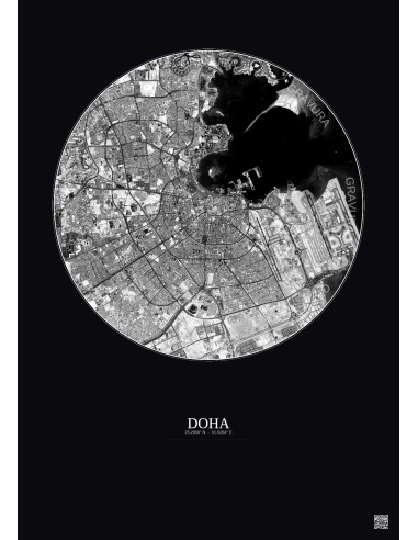 Doha Satellite View Poster 10km B&W | Gravura – Dark background