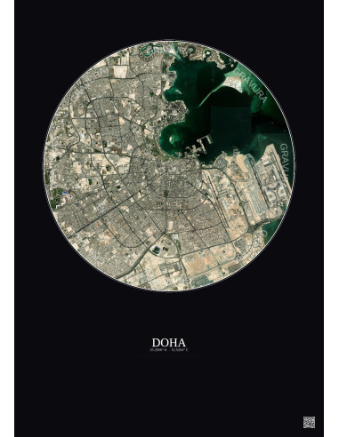 Doha Satellite View Poster 10km Color | Gravura – Dark background