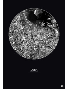 Affiche Doha – Poster vue satellite 2.5km N&B | Gravura – Fond foncé