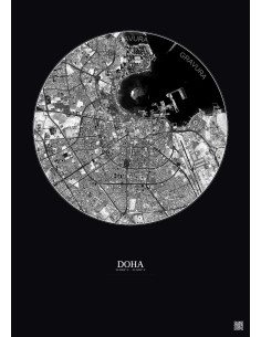 Affiche Doha – Poster vue satellite 6km N&B | Gravura – Fond foncé