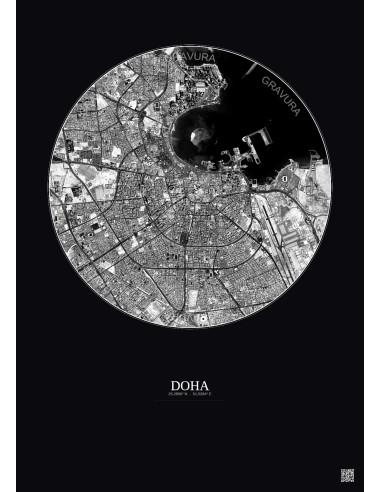 Affiche Doha – Poster vue satellite 6km N&B | Gravura – Fond foncé