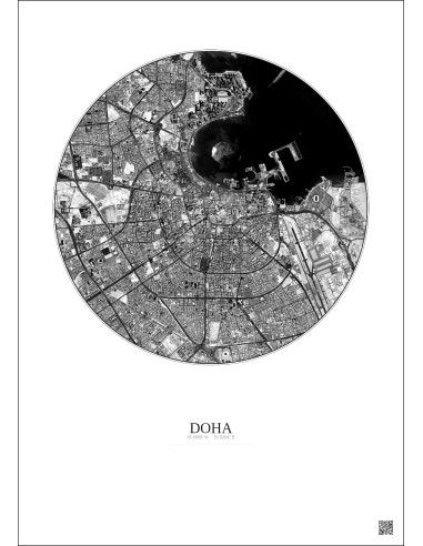 Affiche Doha – Poster vue satellite 6km N&B | Gravura – Fond clair