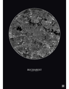 Affiche Bucharest – Poster vue satellite 10km N&B | Gravura – Fond foncé