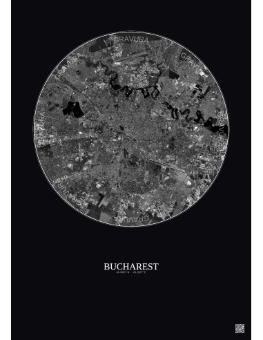 Affiche Bucharest – Poster vue satellite 10km N&B | Gravura – Fond foncé
