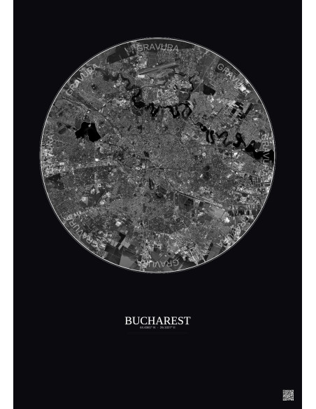 Affiche Bucharest – Poster vue satellite 10km N&B | Gravura – Fond foncé