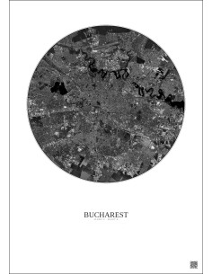 Affiche Bucharest – Poster vue satellite 10km N&B | Gravura – Fond clair