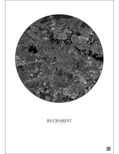 Affiche Bucharest – Poster vue satellite 10km N&B | Gravura – Fond clair
