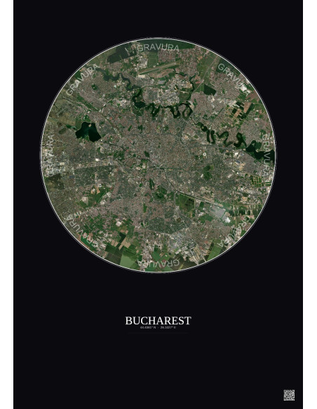 Affiche Bucharest – Poster vue satellite 10km Couleur | Gravura – Fond foncé