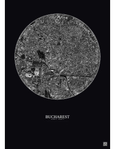 Affiche Bucharest – Poster vue satellite 2.5km N&B | Gravura – Fond foncé