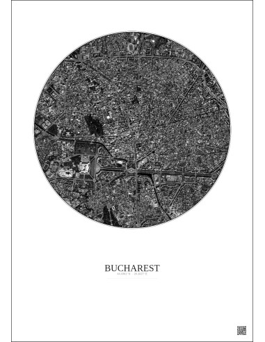 Affiche Bucharest – Poster vue satellite 2.5km N&B | Gravura – Fond clair