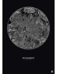 Affiche Bucharest – Poster vue satellite 6km N&B | Gravura – Fond foncé